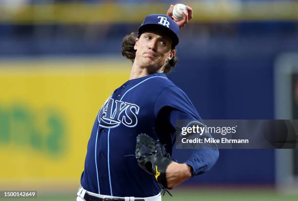 Tyler Glasnow of the Tampa Bay Rays pitches during a game against the Baltimore Orioles at Tropicana Field on June 20, 2023 in St Petersburg, Florida.