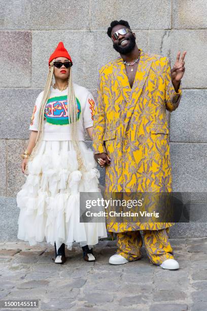 Martica "Fat" Nwigwe and Tobe Nwigwe outside Louis Vuitton during the Menswear Spring/Summer 2024 as part of Paris Fashion Week on June 20, 2023 in...