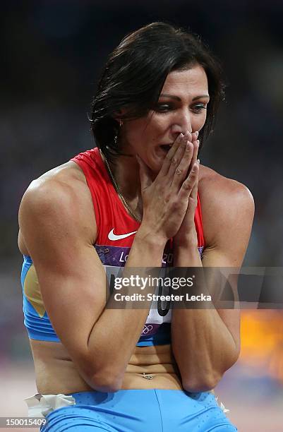Natalya Antyukh of Russia reacts as she wins gold in the Women's 400m Hurdles Final on Day 12 of the London 2012 Olympic Games at Olympic Stadium on...