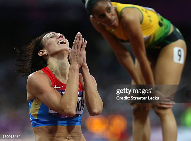 Natalya Antyukh of Russia reacts as she wins gold in the Women's 400m Hurdles Final on Day 12 of the London 2012 Olympic Games at Olympic Stadium on...