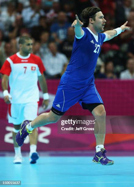 Ivan Cupic of Croatia celebrates a goal against Tunisia during the Men's Quarterfinal match between Croatia and Tunisia on Day 12 of the London 2012...