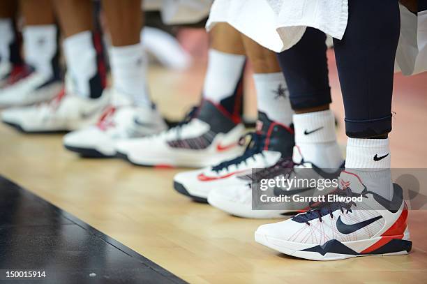 Kobe Bryant of the US Men's Senior National Team's sneakers worn against Australia during their Basketball Game on Day 12 of the London 2012 Olympic...