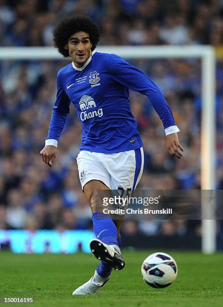Marouane Fellaini of Everton in action during the Pre-season Friendly match between Everton and AEK Athens at Goodison Park on August 8, 2012 in...