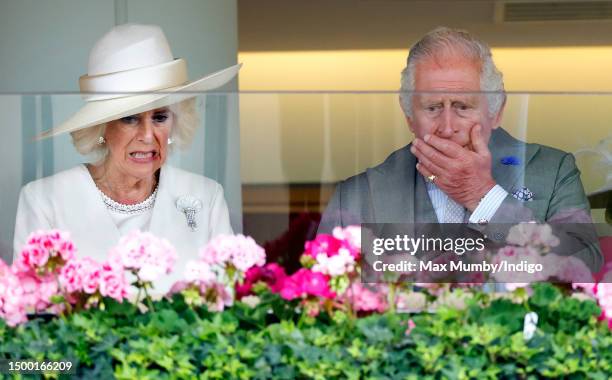 Queen Camilla and King Charles III watch their horse 'Saga' run in 'The Wolverton Stakes' on day one of Royal Ascot 2023 at Ascot Racecourse on June...