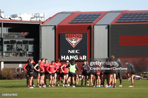 The Bombers logo is seen during an Essendon Bombers AFL training session at The Hangar on June 21, 2023 in Melbourne, Australia.