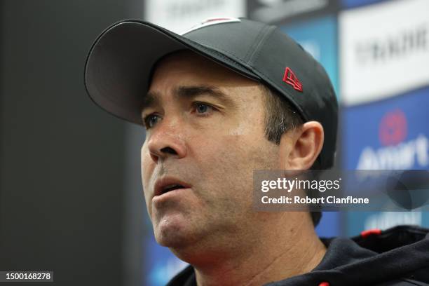 Bombers coach, Brad Scott speaks to the media during an Essendon Bombers AFL training session at The Hangar on June 21, 2023 in Melbourne, Australia.