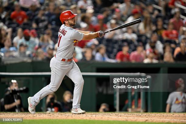 Paul DeJong of the St. Louis Cardinals hits a two-run home run in the ninth inning against the Washington Nationals at Nationals Park on June 20,...