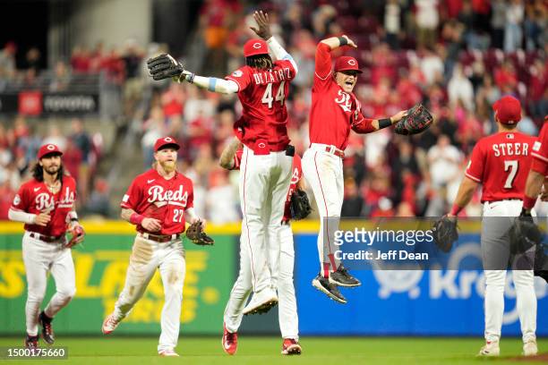 Elly De La Cruz of the Cincinnati Reds celebrates with TJ Friedl after a baseball game against the Colorado Rockies at Great American Ball Park on...