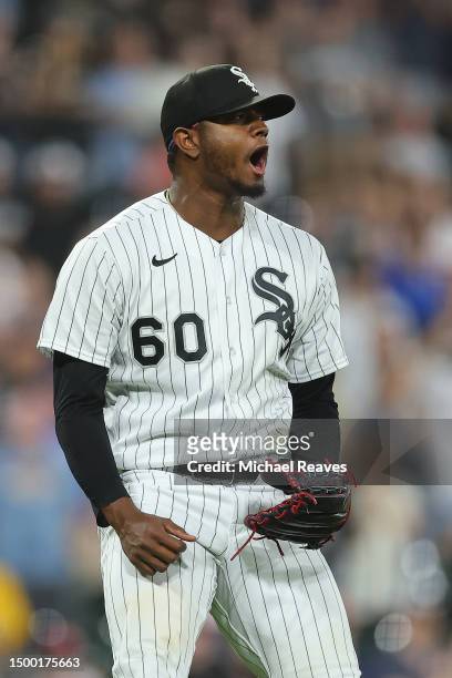 Gregory Santos of the Chicago White Sox celebrates the third out during the seventh inning against the Texas Rangers at Guaranteed Rate Field on June...