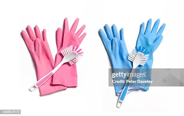 'his and hers' washing up gloves - scrubbing brush stock pictures, royalty-free photos & images