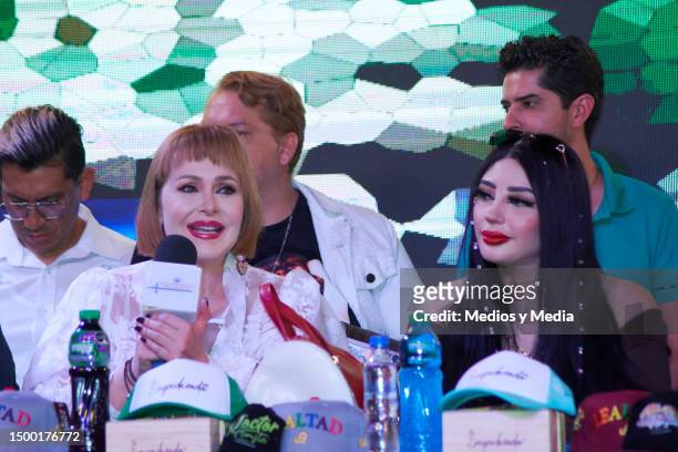 Gaby Spanic and Bellakath speak during the press conference on the 2023 Pride Parade at Salon Las Tertulias on June 20, 2023 in Mexico City, Mexico.