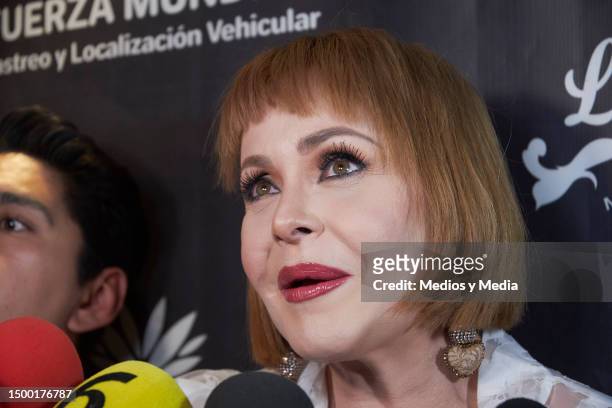 Gaby Spanic speaks during the press conference on the 2023 Pride Parade at Salon Las Tertulias on June 20, 2023 in Mexico City, Mexico.