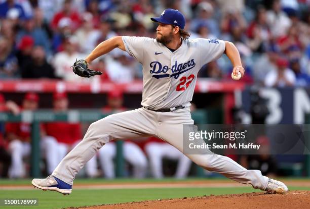 Clayton Kershaw of the Los Angeles Dodgers pitches during the second inning of a game \aa\at Angel Stadium of Anaheim on June 20, 2023 in Anaheim,...
