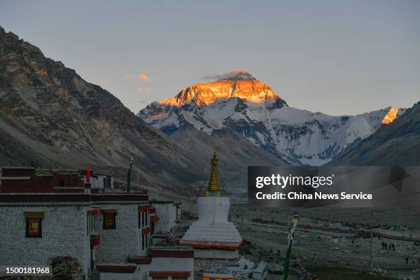 View of Mount Qomolangma at sunset on June 20, 2023 in Shigatse, Tibet Autonomous Region of China.