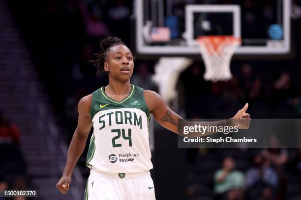 Jewell Loyd of the Seattle Storm reacts after a basket during the second quarter against the Connecticut Sun at Climate Pledge Arena on June 20, 2023...