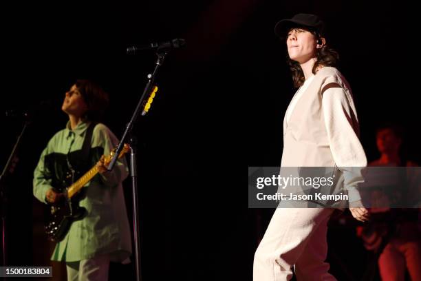Tegan Quin and Sara Quin of the band Tegan and Sara perform at the Ryman Auditorium on June 20, 2023 in Nashville, Tennessee.