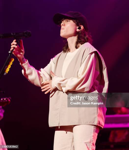 Sara Quin of the band Tegan and Sara performs at the Ryman Auditorium on June 20, 2023 in Nashville, Tennessee.