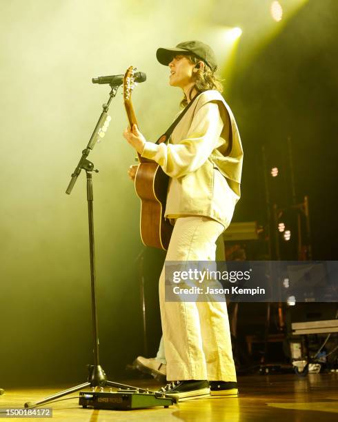 Sara Quin of the band Tegan and Sara performs at the Ryman Auditorium on June 20, 2023 in Nashville, Tennessee.