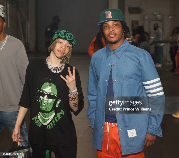 King Harris and T.I. Backstage at the Hot 107.9 Birthday Bash 2023 at State Farm Arena on June 17, 2023 in Atlanta, Georgia.