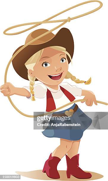 kleines mädchen schwingen lasso gekleidet wie ein cowgirl - cowboyhut stock-grafiken, -clipart, -cartoons und -symbole