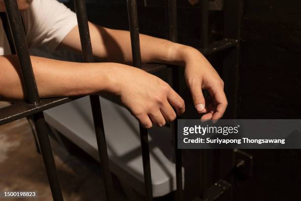 hands of prisoner behind bars in prison cell. - gefängniszelle stock-fotos und bilder