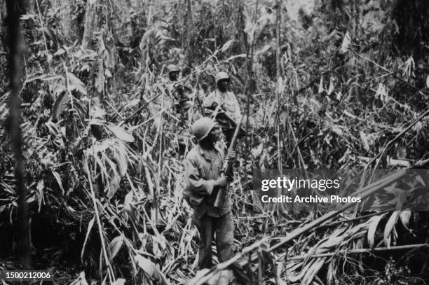 An American military officer of the 93rd Infantry Division on the Numa Numa Trail in the South Pacific Theater of the Second World War, Bougainville...