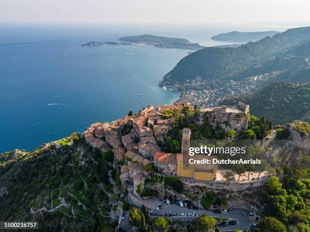 aerial view of eze, france - southern rock stock pictures, royalty-free photos & images