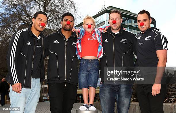 Cure Kids ambassador James Slyfield, aged 6 years , poses for a photo with Hosea Gear, Julian Savea, Wyatt Crockett and Israel Dagg of the New...