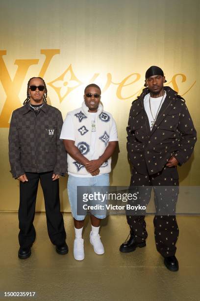 Lewis Hamilton, A$AP Ferg and Skepta attend the Louis Vuitton Menswear Spring/Summer 2024 show as part of Paris Fashion Week on June 20, 2023 in...