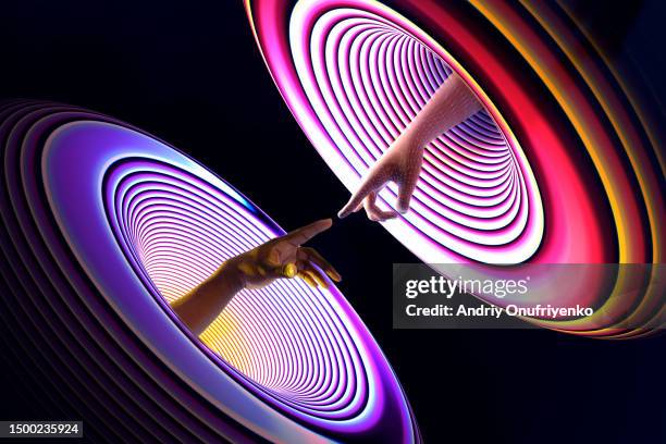 touching virtual - cooperación fotografías e imágenes de stock