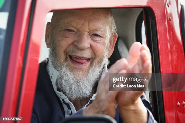 Festival founder Michael Eavis is seen after the 8am public opening of the campsites on Day 1 of Glastonbury Festival 2023 on June 21, 2023 in...