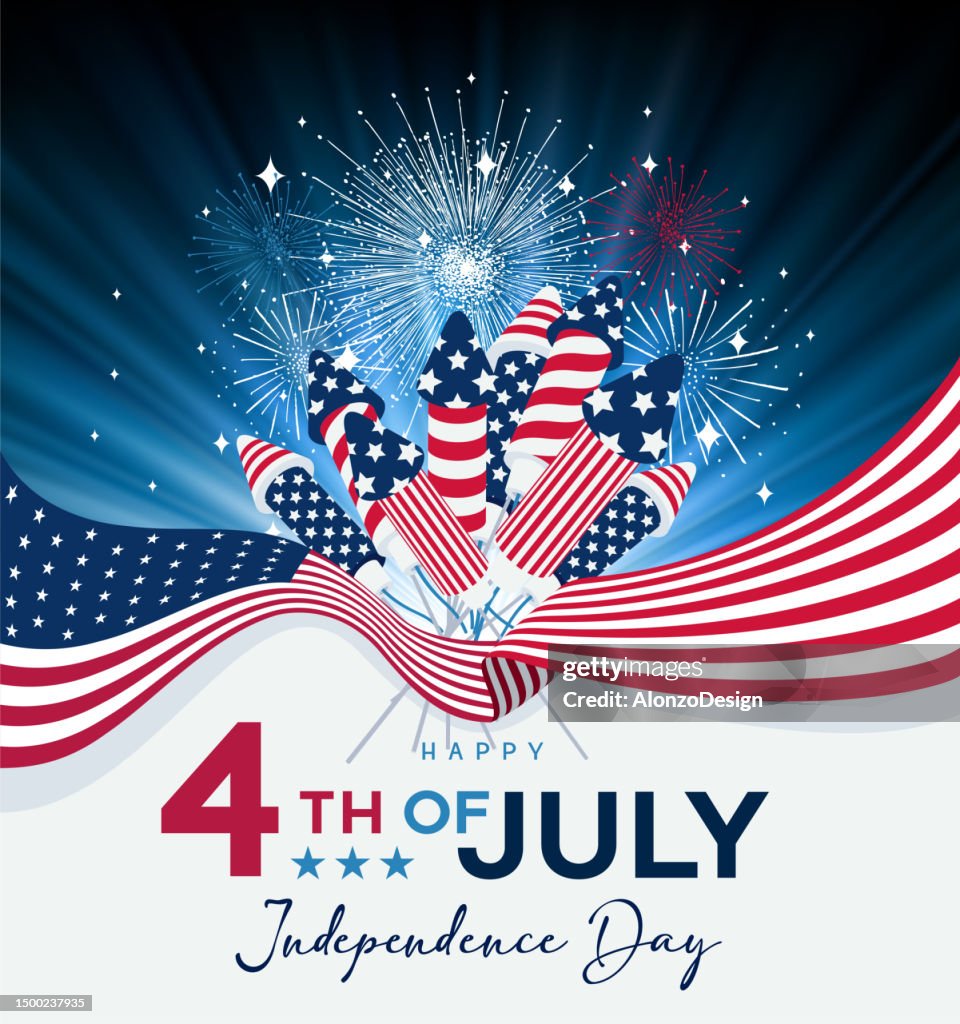 USA firework, rocket and stars. Happy Independence Day. Fourth of July. 4th of July Banner.