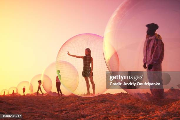 inside bubble spheres - multi ethnic group of people stock pictures, royalty-free photos & images