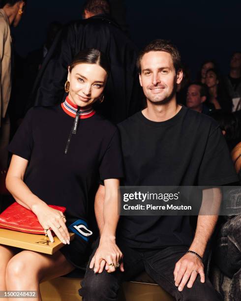 Miranda Kerr and Evan Spiegel attend the the Louis Vuitton Menswear Spring/Summer 2024 show as part of Paris Fashion Week on June 20, 2023 in Paris,...