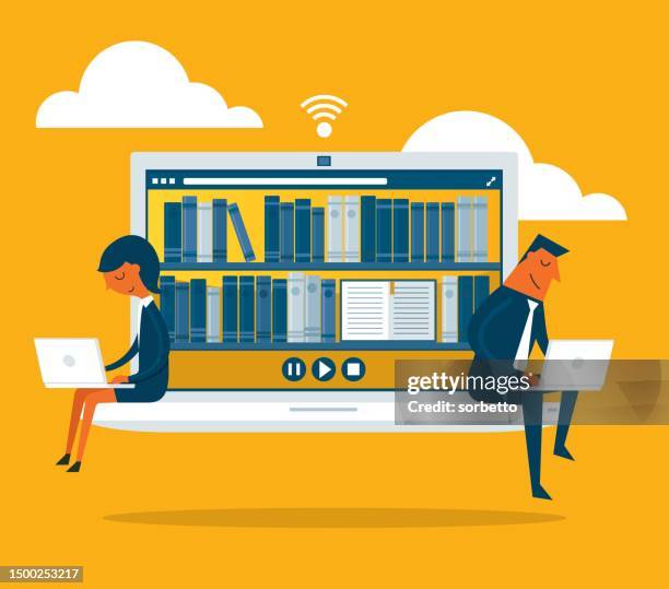 online books store - laptop - lecture hall stock illustrations