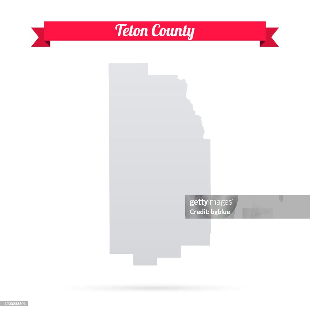 Condado de Teton, Wyoming. Mapa sobre fondo blanco con banner rojo