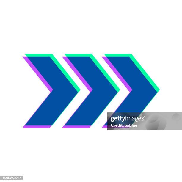 dreifache chevrons, die nach rechts zeigen. symbol mit zweifarbiger überlagerung auf weißem hintergrund - stereoskopische photographie stock-grafiken, -clipart, -cartoons und -symbole