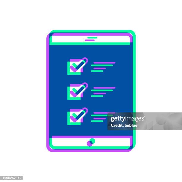 tablet pc with checklist. icon with two color overlay on white background - green check mark transparent background stock illustrations