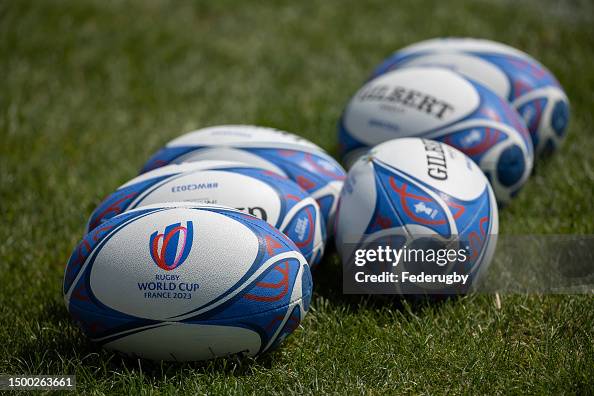A detailed view of the official match ball of the 2023 Rugby World ...