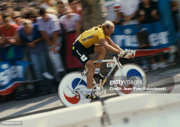 French road racing cyclist Laurent Fignon, one of the big favourites, by 8 seconds, behind American Greg LeMond. At the third place, Spanish Pedro...