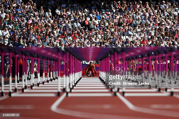 Ashton Eaton of the United States competes during the Men's Decathlon 110m Hurdles heats on Day 13 of the London 2012 Olympic Games at Olympic...