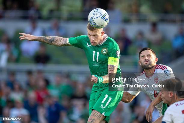 June 19: James McClean of the Republic of Ireland heads goalwards during the Republic of Ireland V Gibraltar, 2024 European Championship Qualifying,...