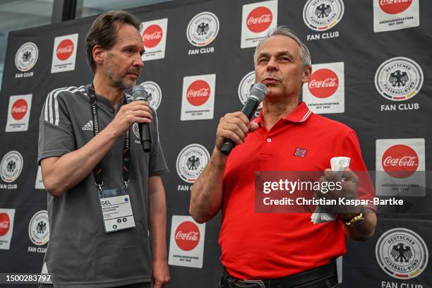 Former national player Olaf Thon visits the Fanclub prior to friendly match between Germany and Colombia at Veltins Arena on June 20, 2023 in...