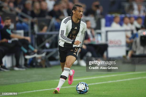 Leroy Sane of Germany controls the ball during the international friendly match between Germany and Colombia at Veltins-Arena on June 20, 2023 in...