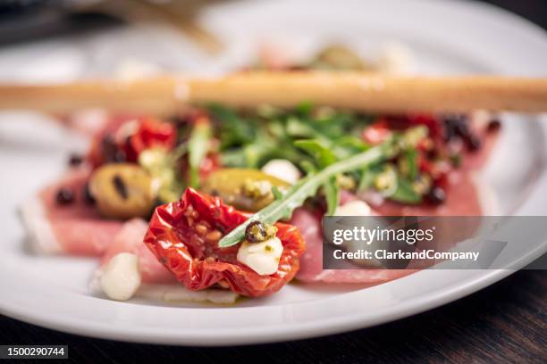 parma ham appetizer - pesto sauce stock pictures, royalty-free photos & images