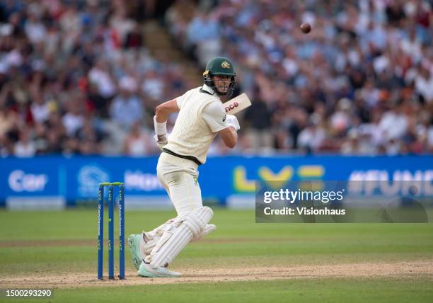 Pat Cummins of Australia celebrates after hitting the winning runs during Day Five of the LV= Insurance Ashes 1st Test match between England and...