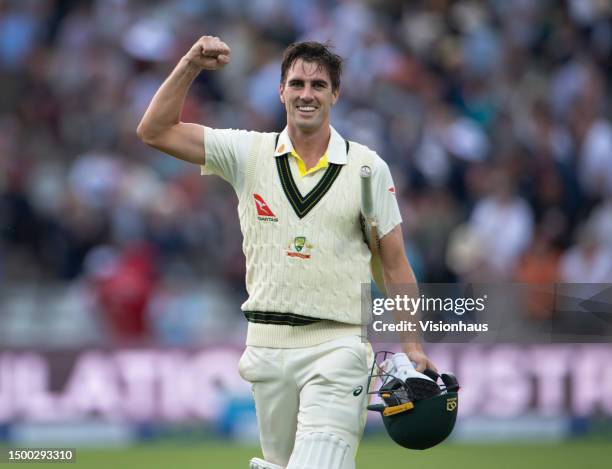 Pat Cummins of Australia celebrates after hitting the winning runs during Day Five of the LV= Insurance Ashes 1st Test match between England and...