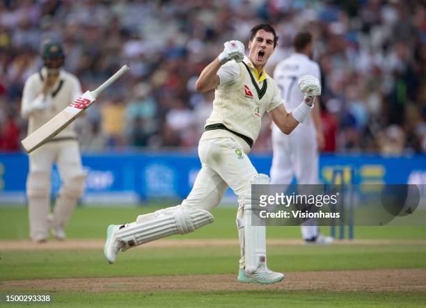 Pat Cummins of Australia celebrates after hitting the winning runs during Day Five of the LV= Insurance Ashes 1st Test match between England and...