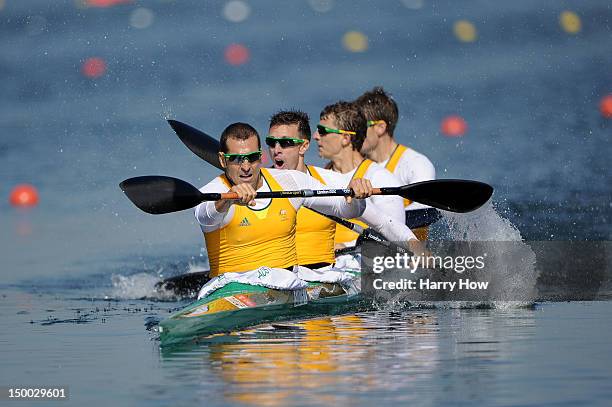 Tate Smith, Dave Smith, Murray Stewart, and Jacob Clear of Australia compete in the Men's Kayak Four 1000m Canoe Sprint on Day 13 of the London 2012...