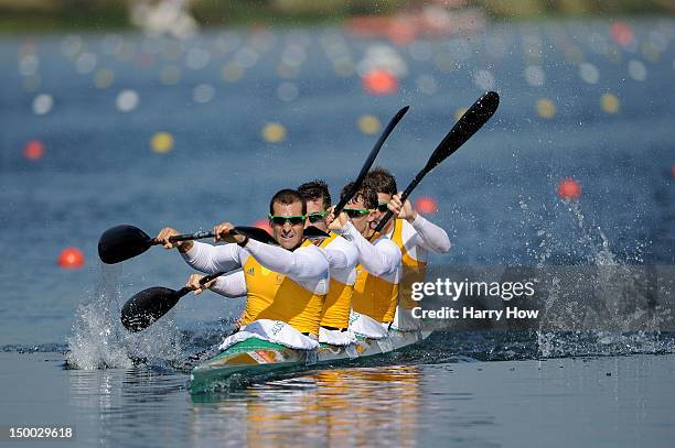 Tate Smith, Dave Smith, Murray Stewart, and Jacob Clear of Australia compete in the Men's Kayak Four 1000m Canoe Sprint on Day 13 of the London 2012...